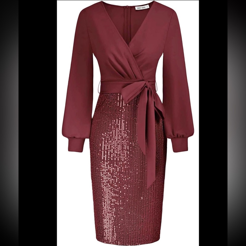 Grace Karin| Midi Sequined Long Sleeve Cocktail Dress - Picture 3 of 15